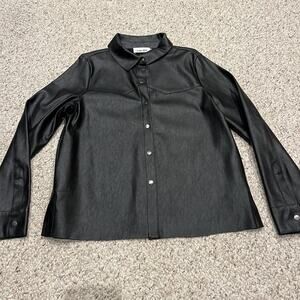 Line & Dot Faux Leather Shirt Jacket Sz L Black Casual Grunge Biker Goth